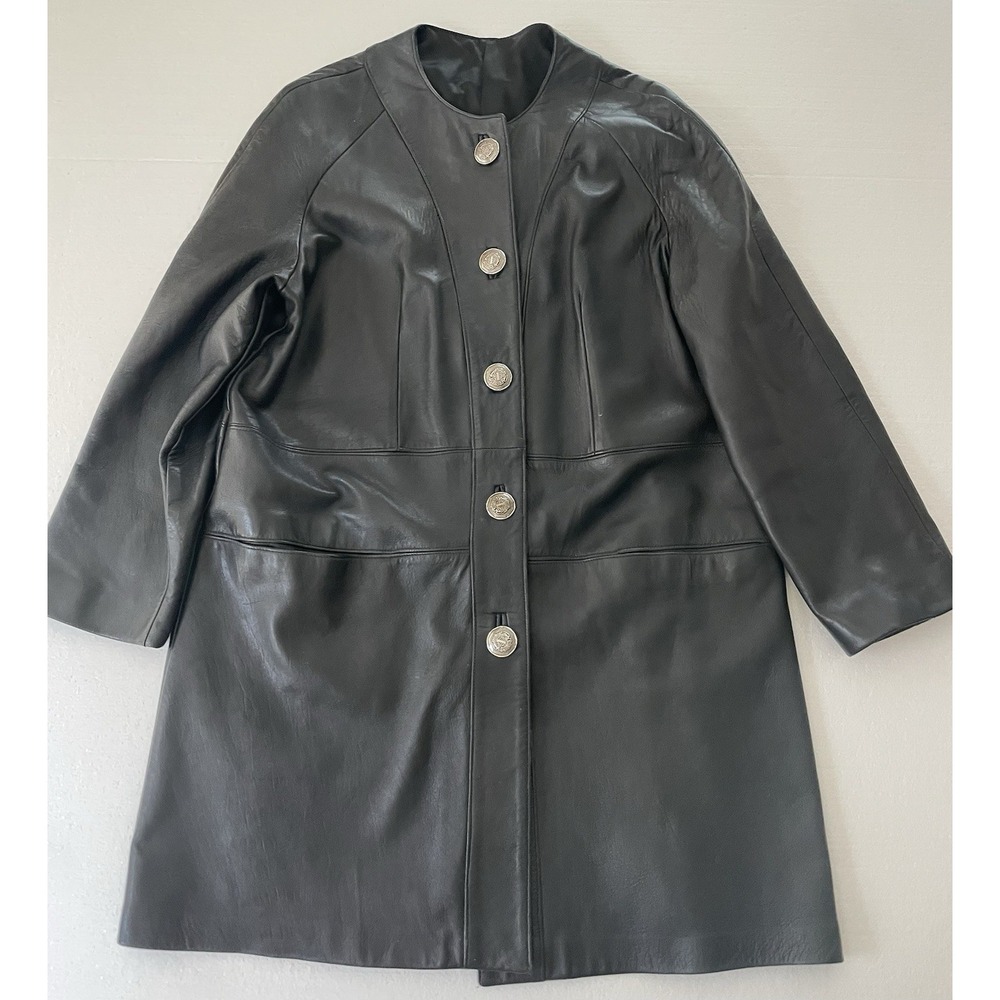 Womens VINTAGE New England Sportswear Leather Mid Length Trench Coat Jacket Sz M